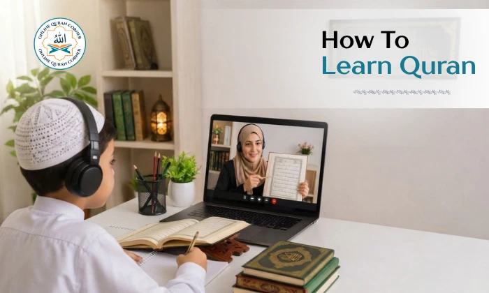 Online Quran Corner promotional banner illustrating how to learn Quran, online Quran classes for kids, 1-on-1 Tajweed tutoring, distant Quran learning with live tutors, and Islamic study programs.