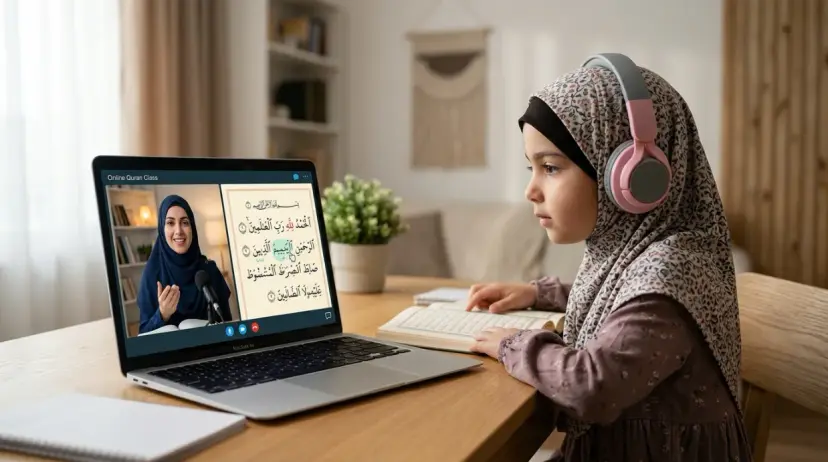 A young girl wearing a hijab and headphones looking at a laptop screen, learning from female Instructors during a virtual class by Online Quran Corner.