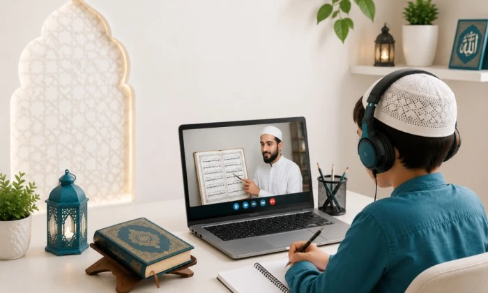 A young boy wearing headphones and a prayer cap studies with an online tutor on his laptop, representing Our Story From a Single Idea to a Global Online Quran Learning Center by Online Quran Corner.