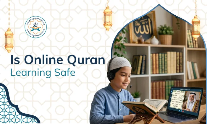 Online Quran Corner web banner titled "Is Online Quran Learning Safe" showing a young boy wearing a headset reading the Holy Quran during a remote online lesson.