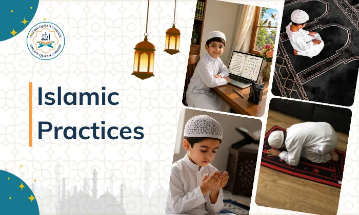 Online Quran Corner web banner titled "Islamic Practices" displaying a photo collage of young Muslim boys studying Arabic online, making Dua, and performing Salah prayer.
