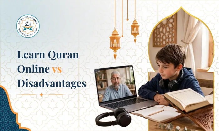 Online Quran Corner promotional banner illustrating the pros and cons of online Quran classes, virtual Islamic education, interactive Tajweed sessions, and remote learning advantages for kids.