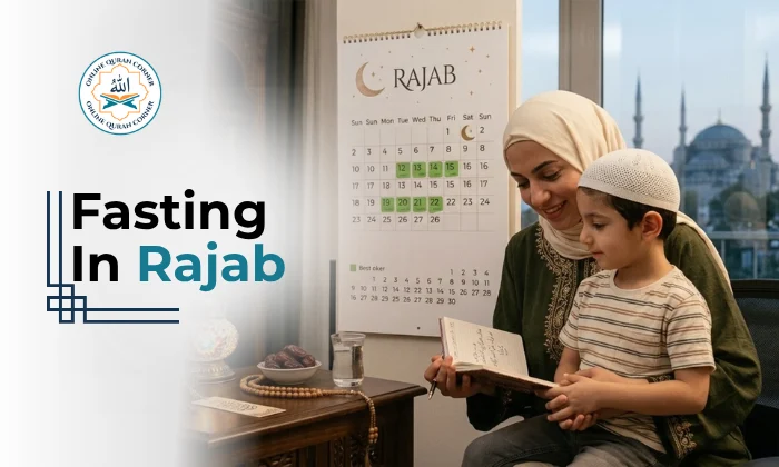 Online Quran Corner promotional banner illustrating fasting in Rajab, Islamic calendar observance, voluntary sawm rewards, spiritual preparation for Ramadan, and Quranic family study.