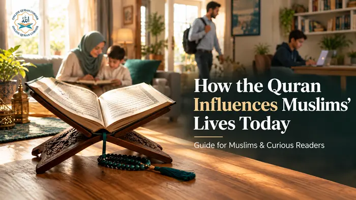An open Quran placed on a wooden stand (Rehal) with prayer beads in the foreground, showing a family engaged in daily activities to illustrate How the Quran Influences Muslims Lives Today by Online Quran Corner.